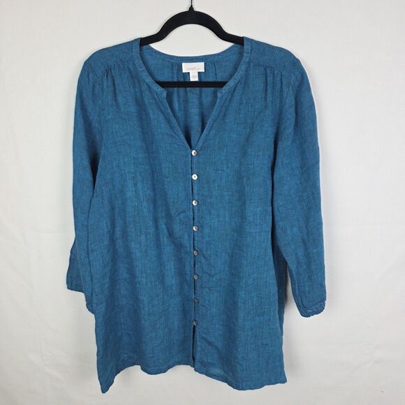J Jill Linen Tunic Top Blue Button Front Long Sleeve Women’s Casual Relaxed Sz M - Picture 1 of 6